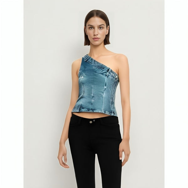 The Vera Assymetrical Denim Crop Top Blouse