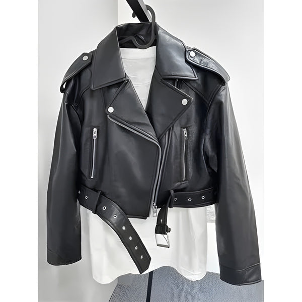 The Melora Faux Leather Cropped Moto Jacket