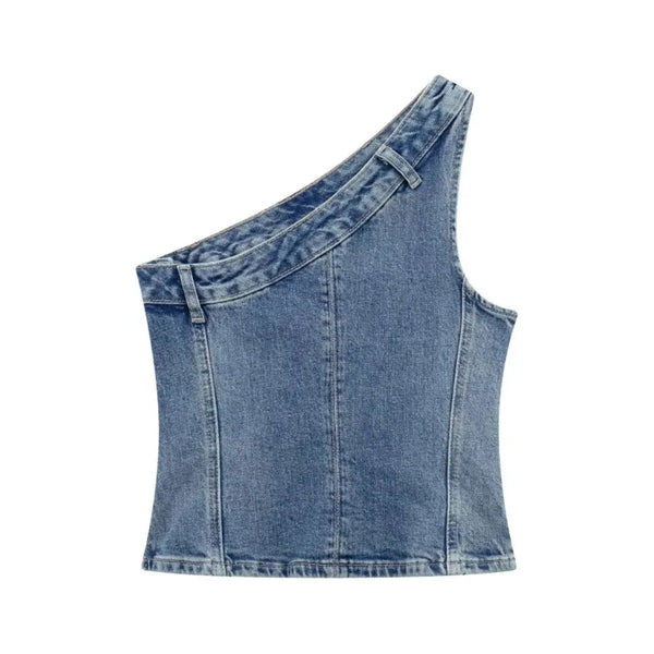 The Vera Assymetrical Denim Crop Top Blouse