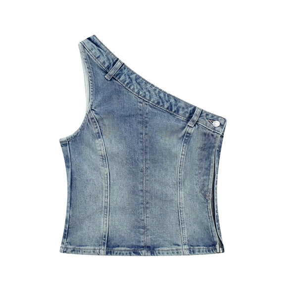 The Vera Assymetrical Denim Crop Top Blouse