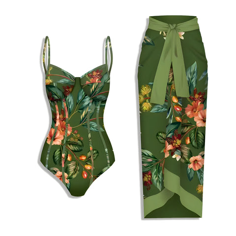 The Ivy Floral One-Piece Bikini Bathing Suit Cover Up Set