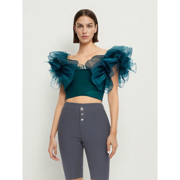 The Blue Ruffle Crop Blouse